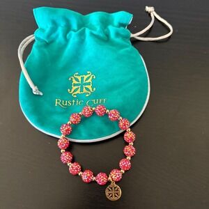 Rustic Cuff Coral/Pink Sparkle Beaded Bracelet with Gold Logo Charm + Velvet Bag